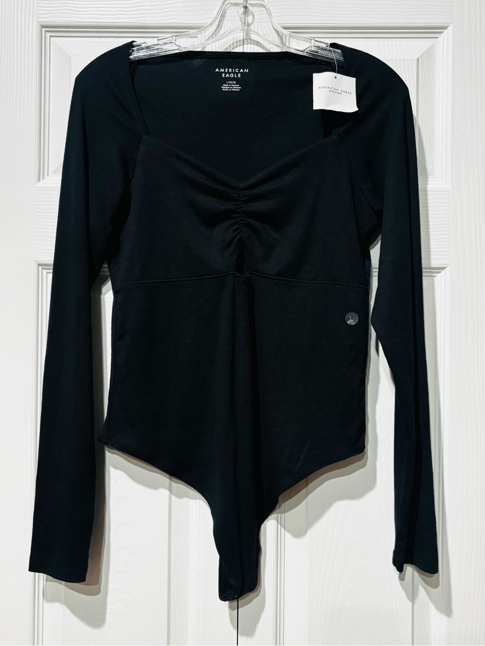 American Eagle Outfitters Black Long-Sleeve Ruched Front Cut-out Bodysuit